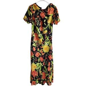 Vintage 1990s Gabrielle Womens Sz M Maxi Dress Bright Floral Yellow Orange